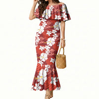 Red Hawaiian Hibiscus Monstera Mermaid Dress Grunge Stylized