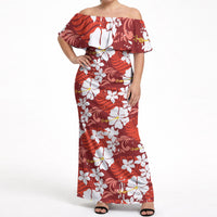Red Hawaiian Hibiscus Monstera Off Shoulder Maxi Dress Grunge Stylized LT01 Women Red - Polynesian Pride