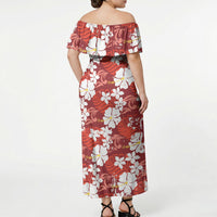 Red Hawaiian Hibiscus Monstera Off Shoulder Maxi Dress Grunge Stylized LT01 - Polynesian Pride