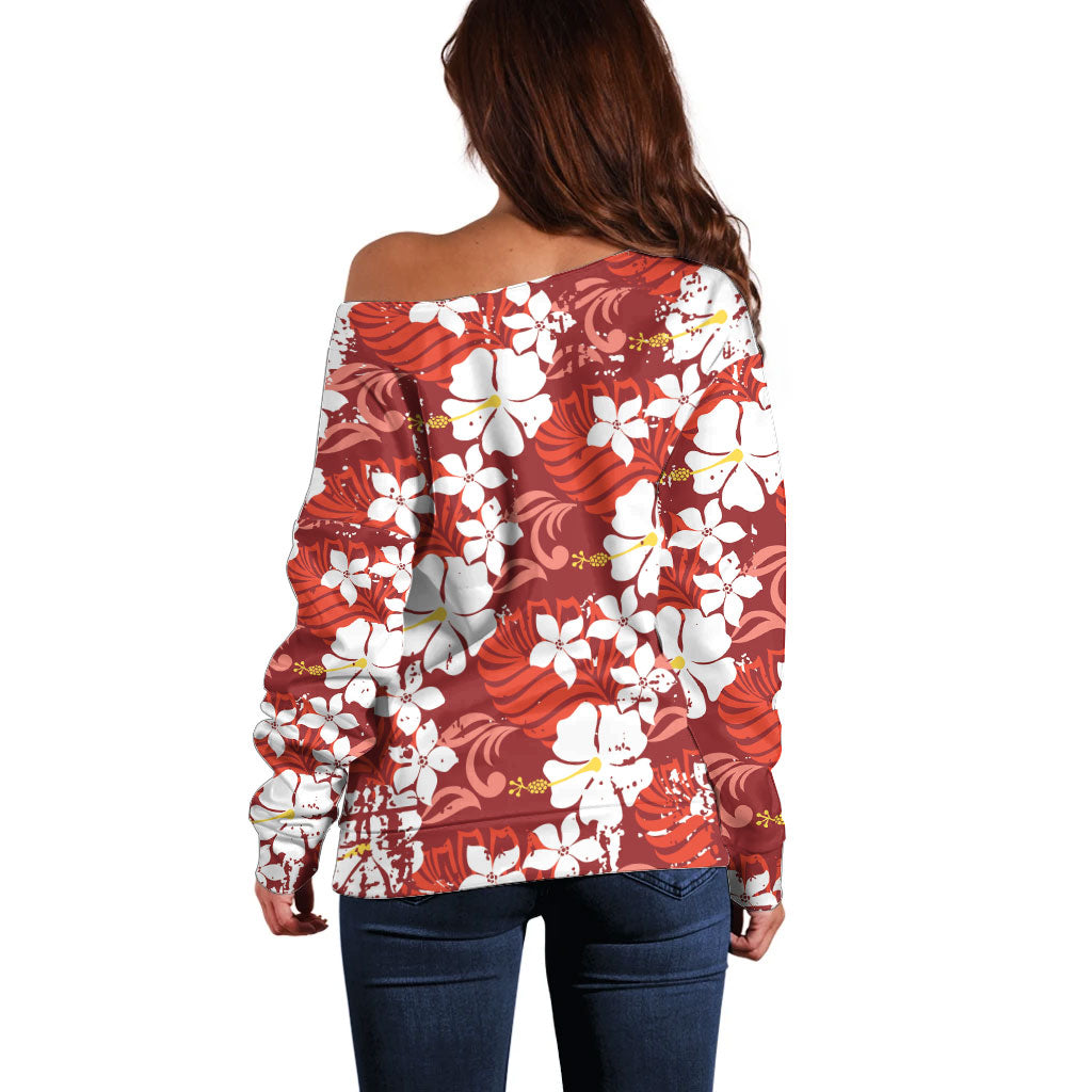 Red Hawaiian Hibiscus Monstera Off Shoulder Sweater Grunge Stylized