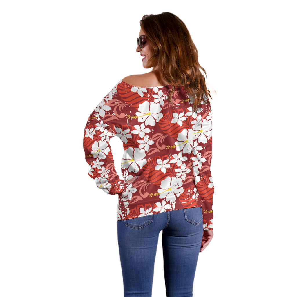 Red Hawaiian Hibiscus Monstera Off Shoulder Sweater Grunge Stylized