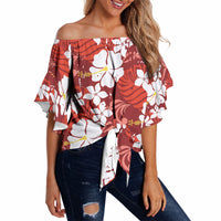 Red Hawaiian Hibiscus Monstera Off Shoulder Wrap Waist Top Grunge Stylized
