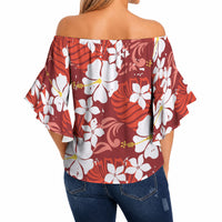 Red Hawaiian Hibiscus Monstera Off Shoulder Wrap Waist Top Grunge Stylized