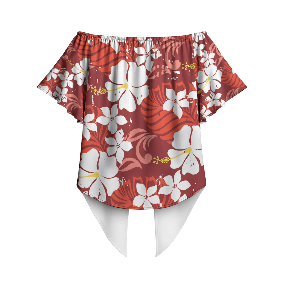 Red Hawaiian Hibiscus Monstera Off Shoulder Wrap Waist Top Grunge Stylized