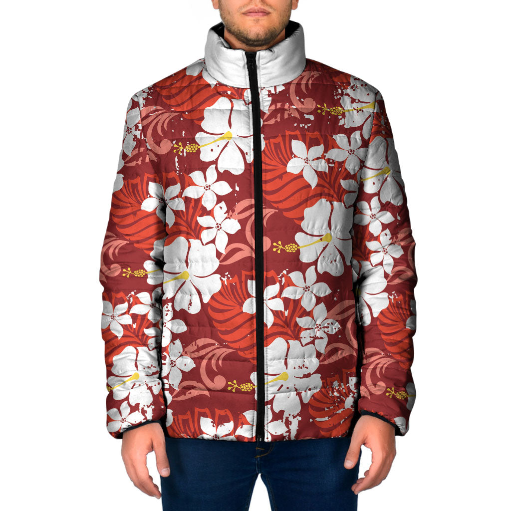 Red Hawaiian Hibiscus Monstera Padded Jacket Grunge Stylized