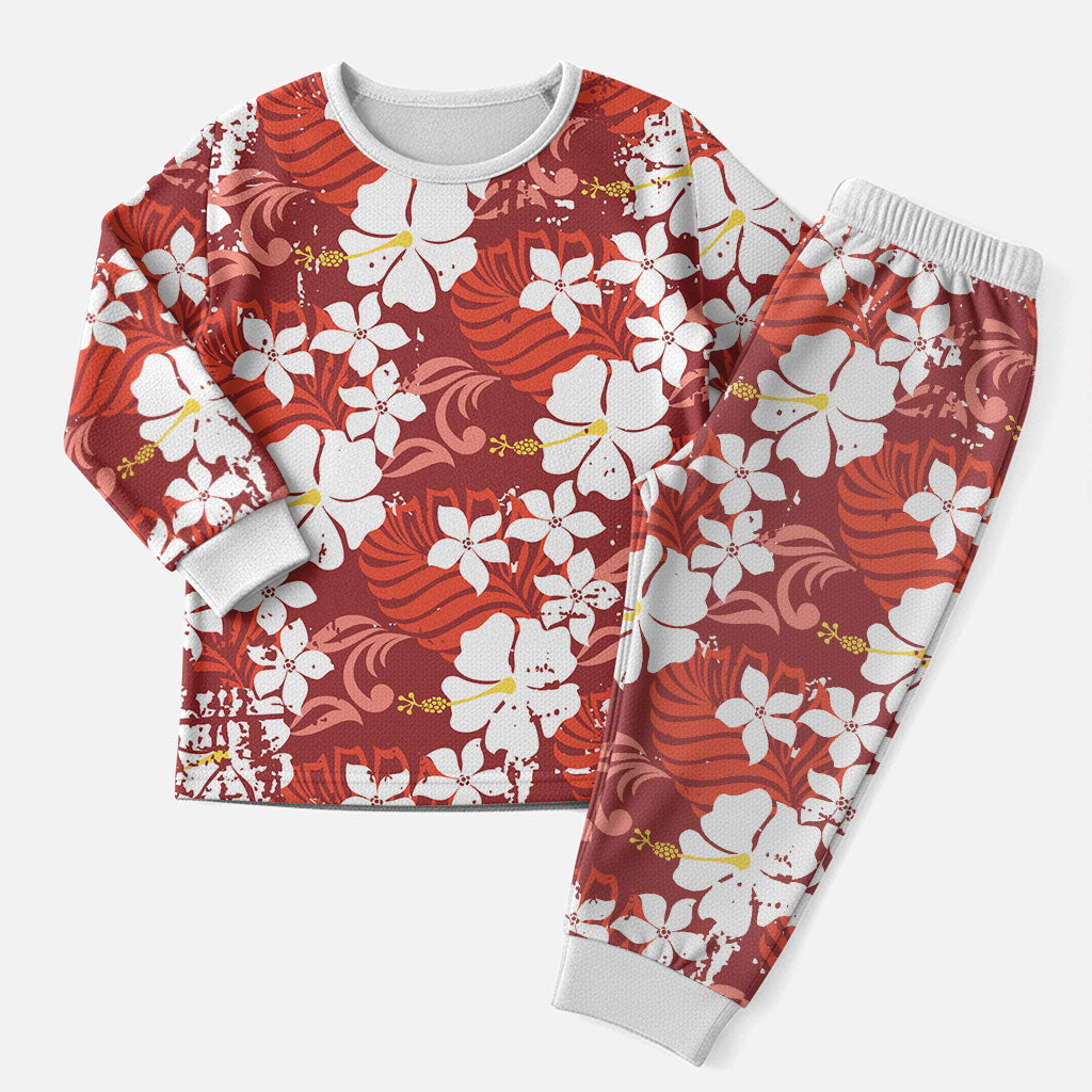 Red Hawaiian Hibiscus Monstera Christmas Pajama Set Grunge Stylized
