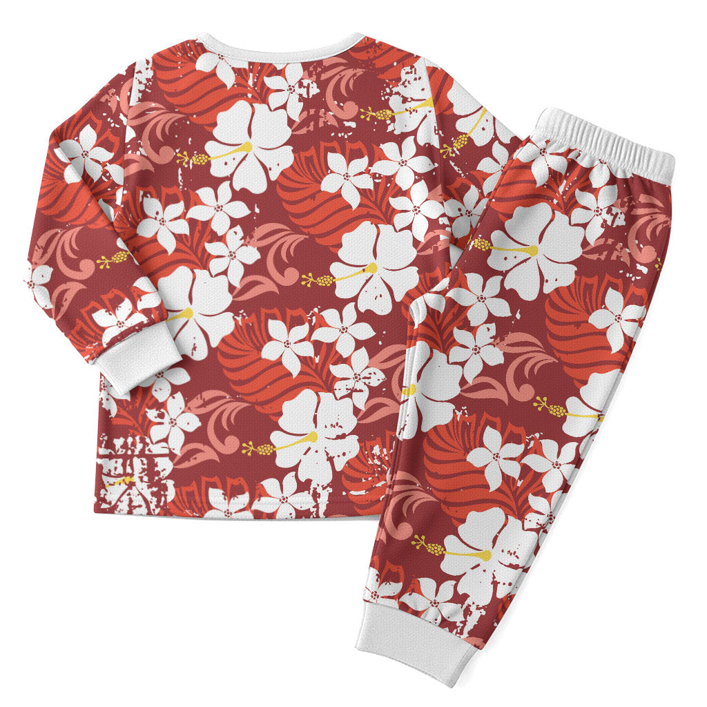 Red Hawaiian Hibiscus Monstera Christmas Pajama Set Grunge Stylized