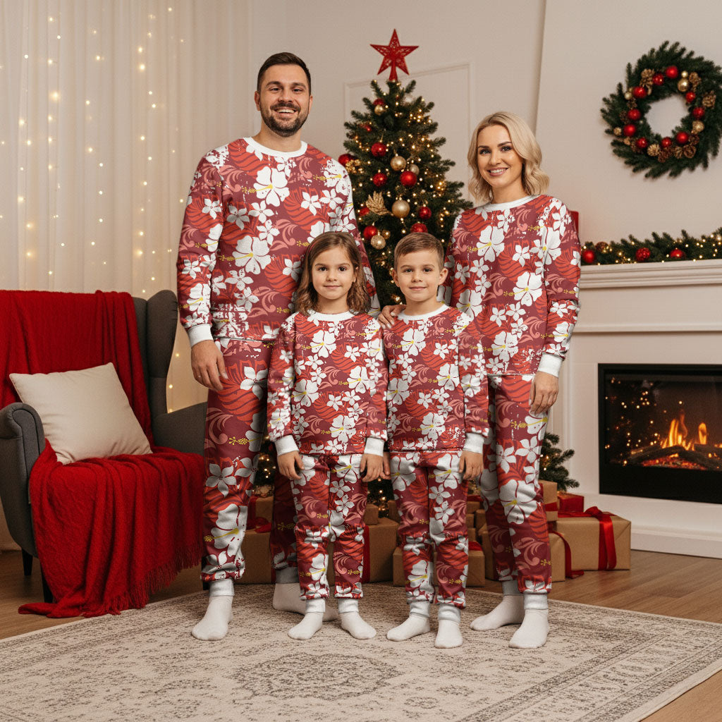 Red Hawaiian Hibiscus Monstera Christmas Pajama Set Grunge Stylized