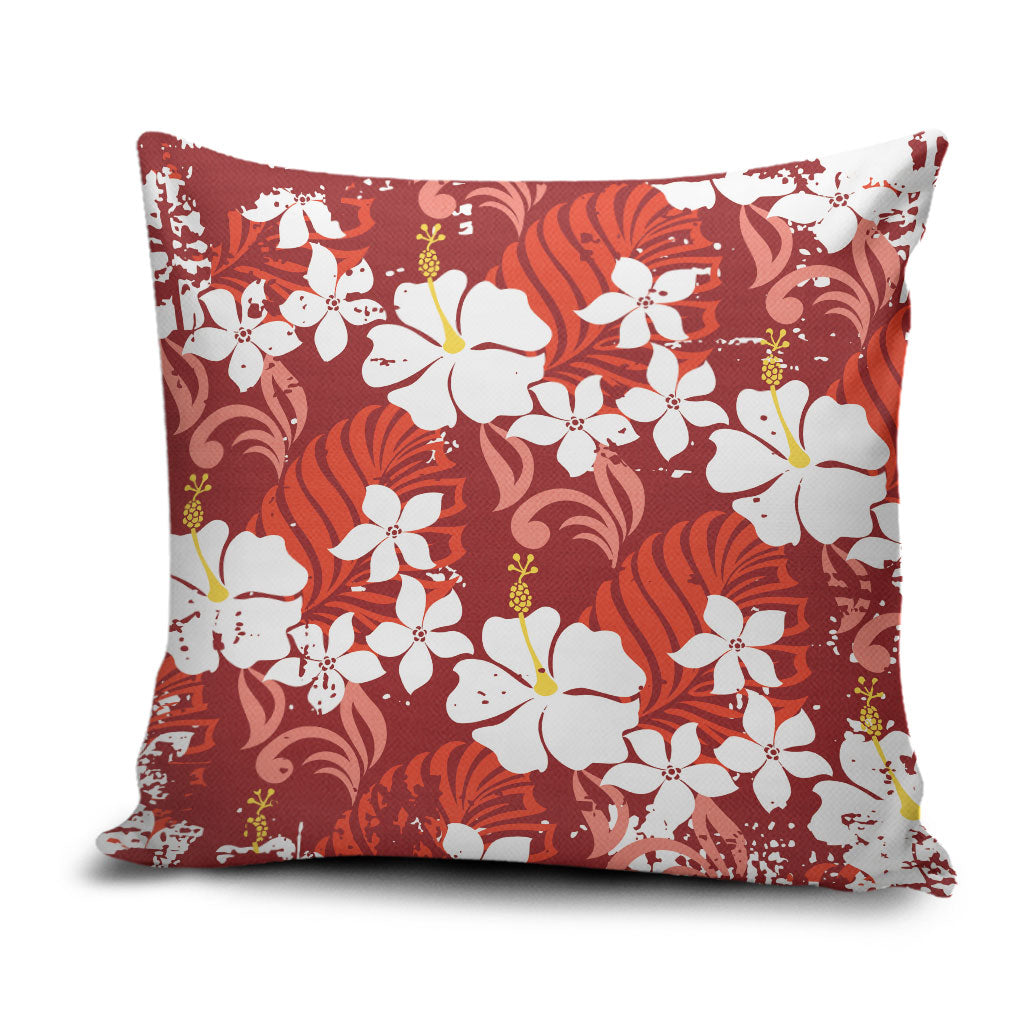 Red Hawaiian Hibiscus Monstera Pillow Cover Grunge Stylized LT01 Red - Polynesian Pride