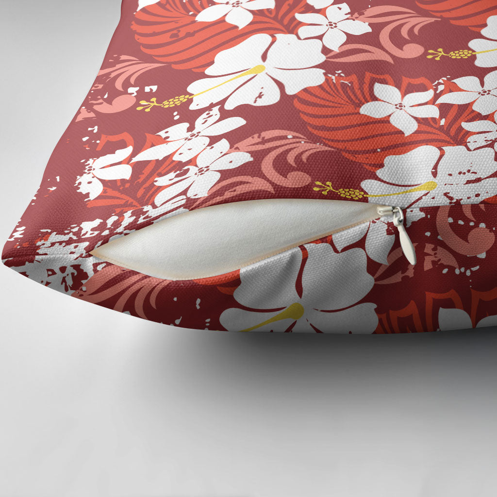 Red Hawaiian Hibiscus Monstera Pillow Cover Grunge Stylized LT01 - Polynesian Pride