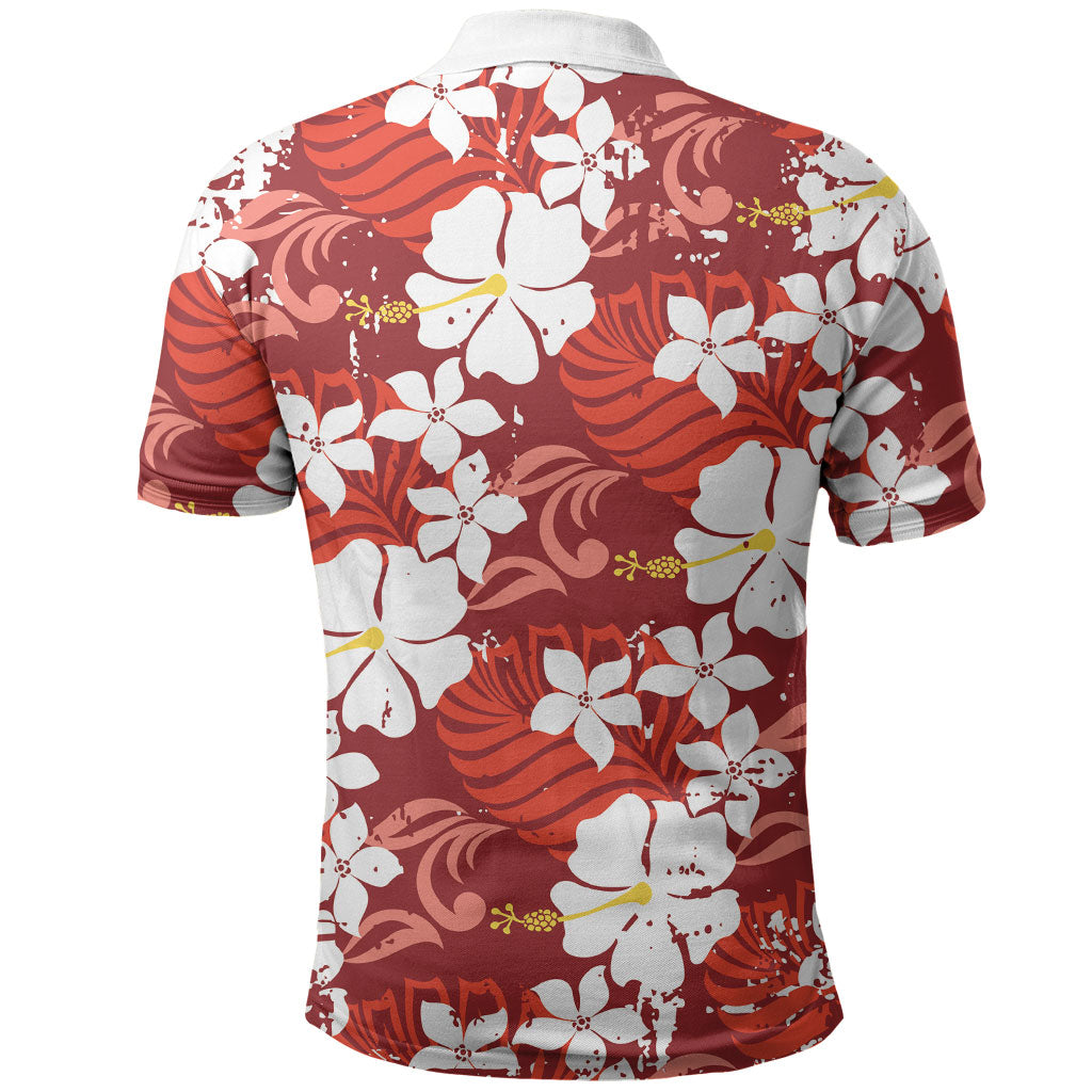 Red Hawaiian Hibiscus Monstera Polo Shirt Grunge Stylized
