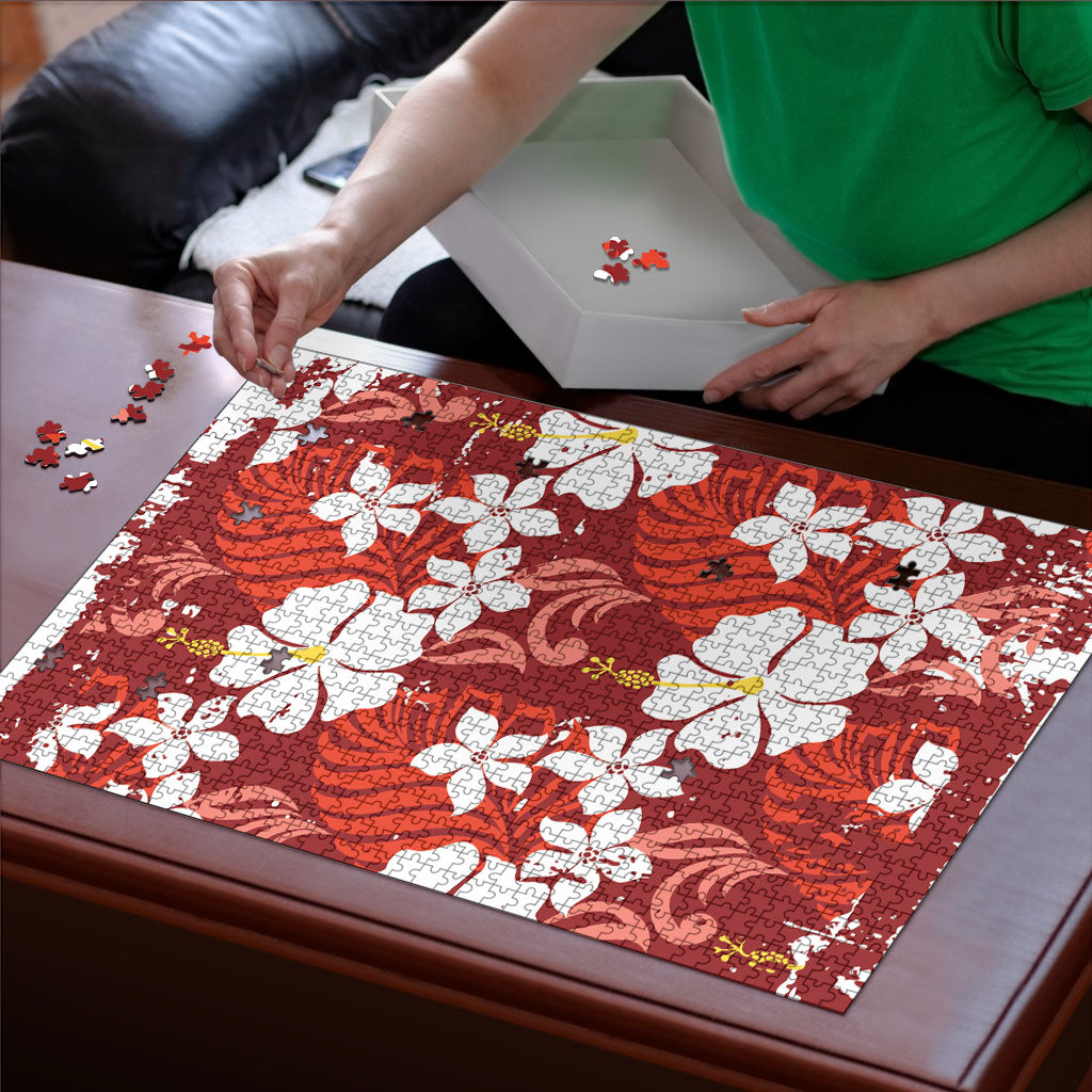Red Hawaiian Hibiscus Monstera Puzzle Grunge Stylized
