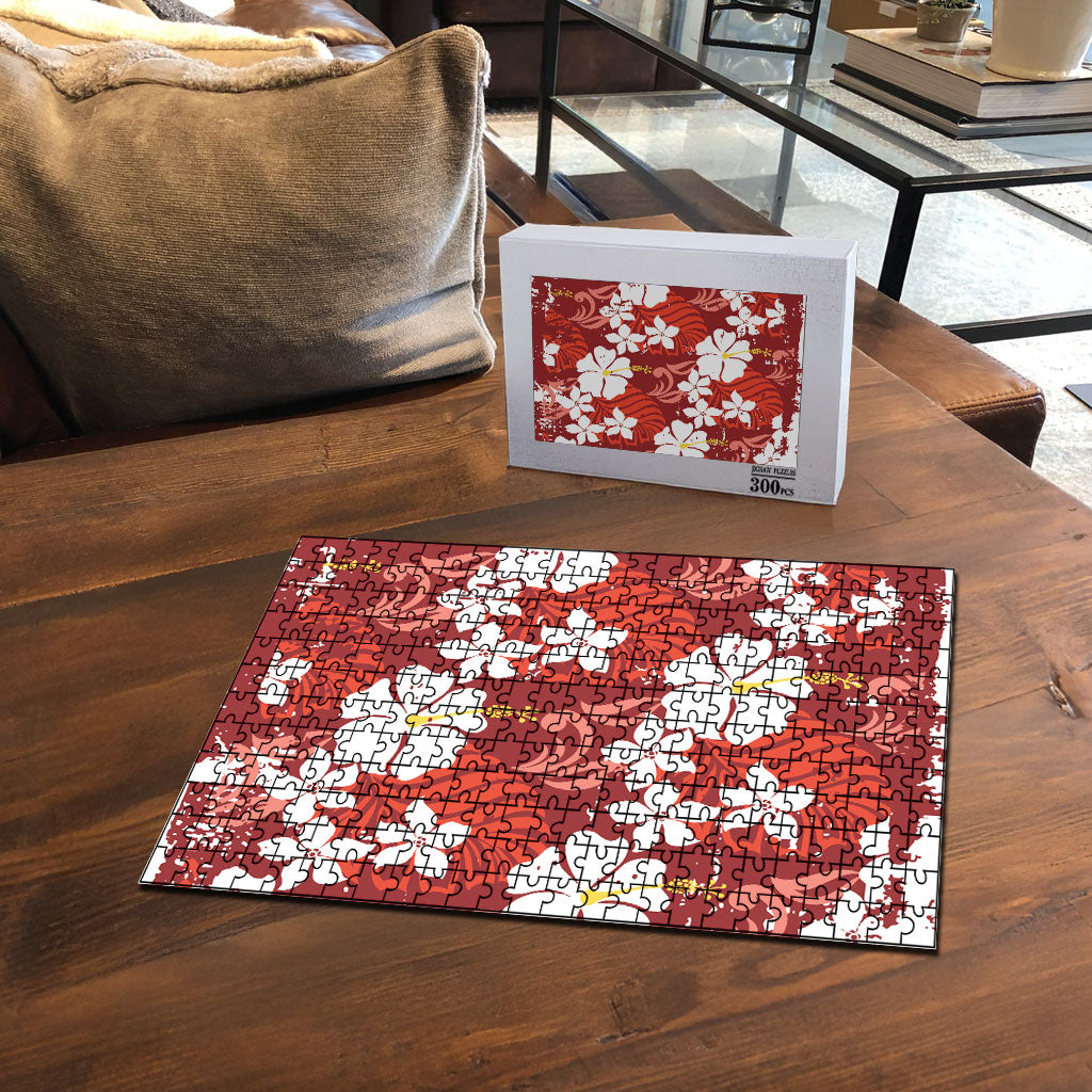 Red Hawaiian Hibiscus Monstera Puzzle Grunge Stylized