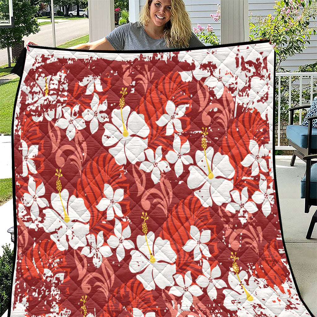 Red Hawaiian Hibiscus Monstera Quilt Grunge Stylized LT01 Red - Polynesian Pride