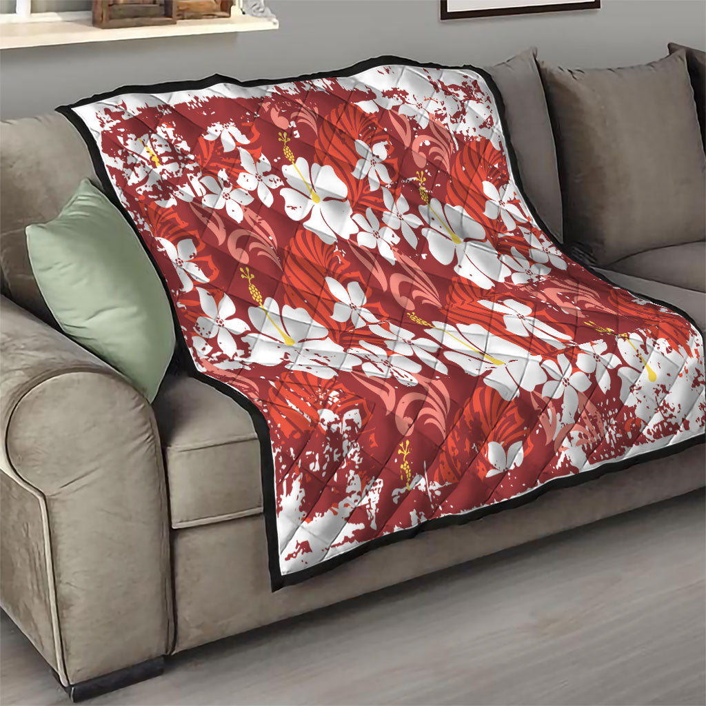 Red Hawaiian Hibiscus Monstera Quilt Grunge Stylized LT01 - Polynesian Pride