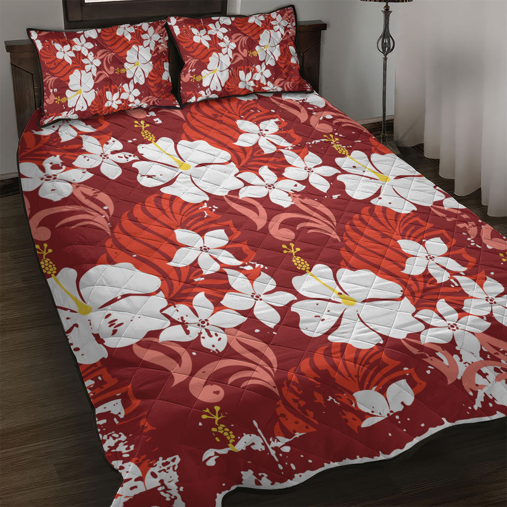 Red Hawaiian Hibiscus Monstera Quilt Bed Set Grunge Stylized LT01 Red - Polynesian Pride
