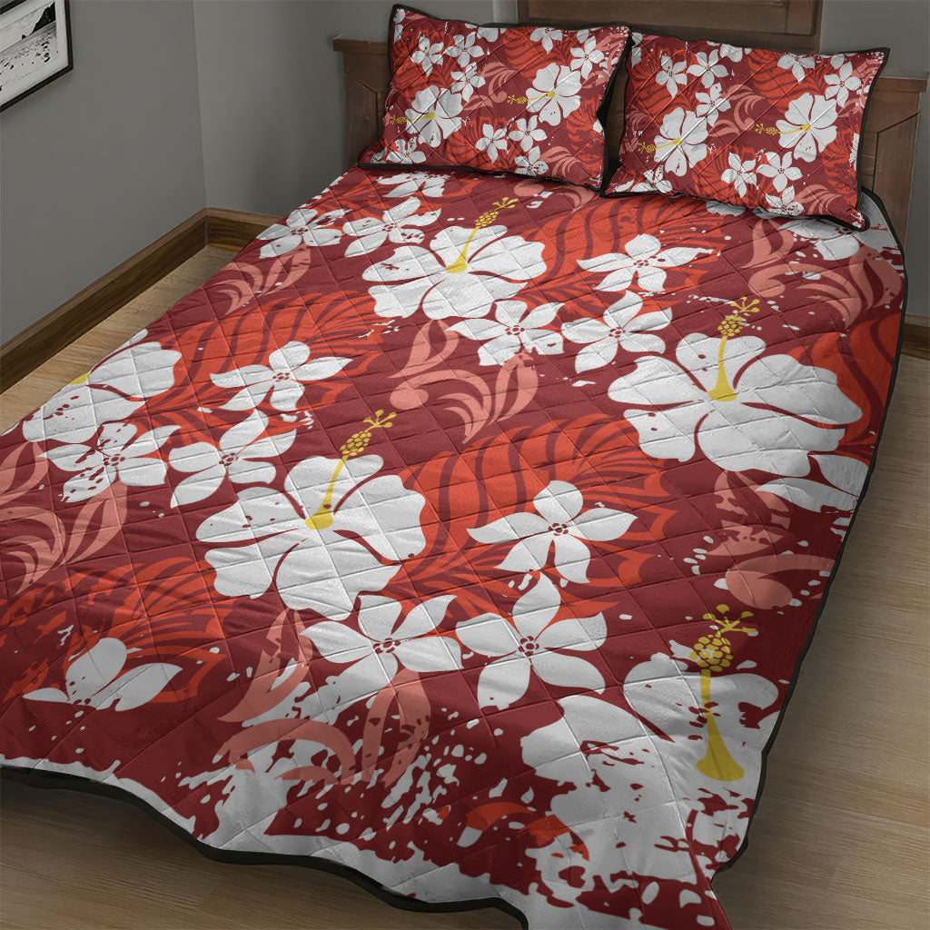 Red Hawaiian Hibiscus Monstera Quilt Bed Set Grunge Stylized LT01 - Polynesian Pride