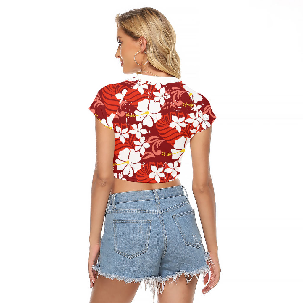 Red Hawaiian Hibiscus Monstera Raglan Cropped T Shirt Grunge Stylized LT01 - Polynesian Pride
