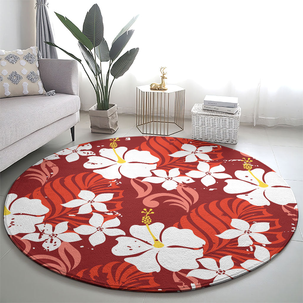 Red Hawaiian Hibiscus Monstera Round Carpet Grunge Stylized