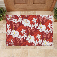 Red Hawaiian Hibiscus Monstera Rubber Doormat Grunge Stylized