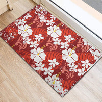 Red Hawaiian Hibiscus Monstera Rubber Doormat Grunge Stylized