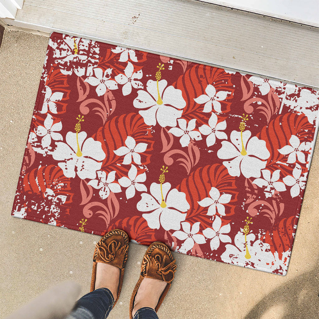 Red Hawaiian Hibiscus Monstera Rubber Doormat Grunge Stylized