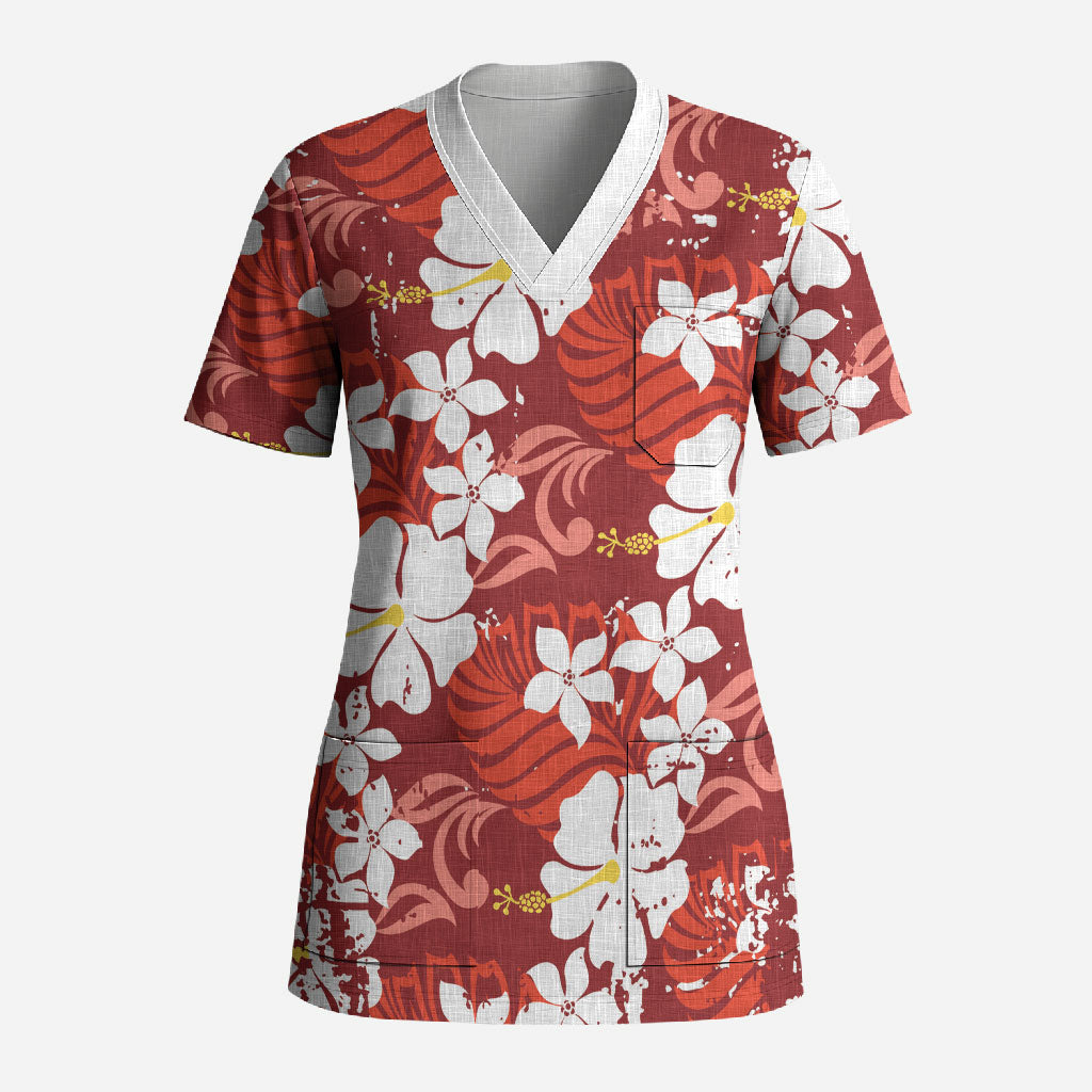 Red Hawaiian Hibiscus Monstera Scrub Top Grunge Stylized LT01 Adult Red - Polynesian Pride