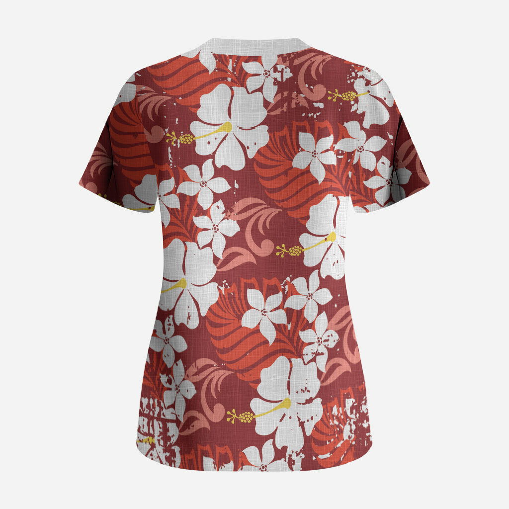 Red Hawaiian Hibiscus Monstera Scrub Top Grunge Stylized LT01 - Polynesian Pride
