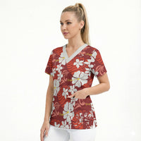 Red Hawaiian Hibiscus Monstera Scrub Top Grunge Stylized LT01 - Polynesian Pride