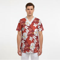 Red Hawaiian Hibiscus Monstera Scrub Top Grunge Stylized LT01 - Polynesian Pride
