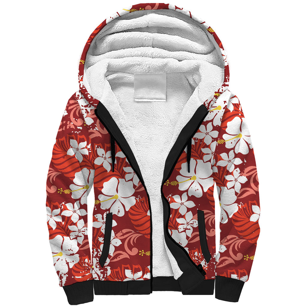 Red Hawaiian Hibiscus Monstera Sherpa Hoodie Grunge Stylized