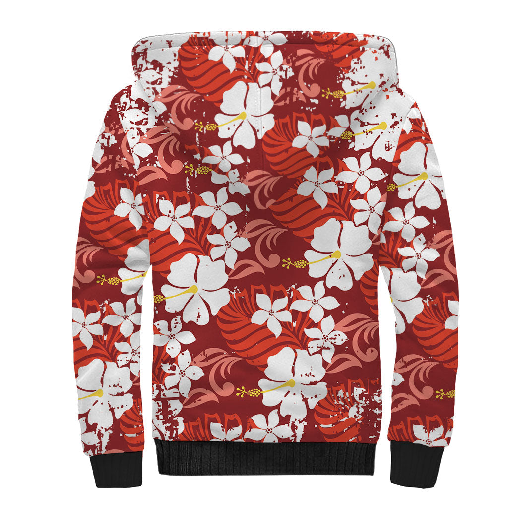Red Hawaiian Hibiscus Monstera Sherpa Hoodie Grunge Stylized