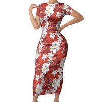 Red Hawaiian Hibiscus Monstera Short Sleeve Bodycon Dress Grunge Stylized LT01 Long Dress Red - Polynesian Pride