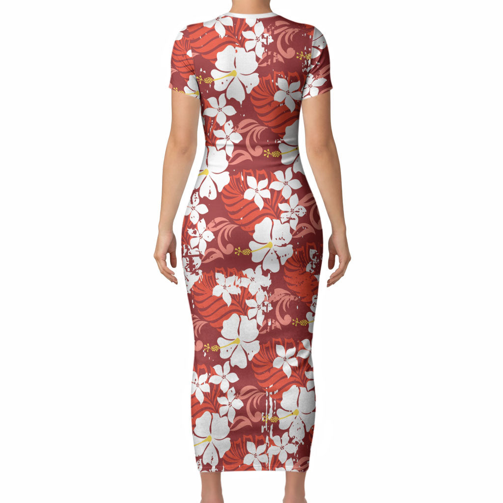 Red Hawaiian Hibiscus Monstera Short Sleeve Bodycon Dress Grunge Stylized LT01 - Polynesian Pride