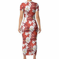 Red Hawaiian Hibiscus Monstera Short Sleeve Bodycon Dress Grunge Stylized LT01 - Polynesian Pride