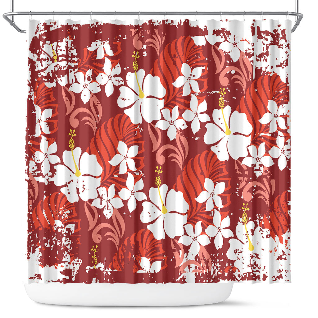 Red Hawaiian Hibiscus Monstera Shower Curtain Grunge Stylized