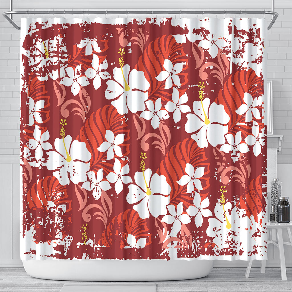 Red Hawaiian Hibiscus Monstera Shower Curtain Grunge Stylized