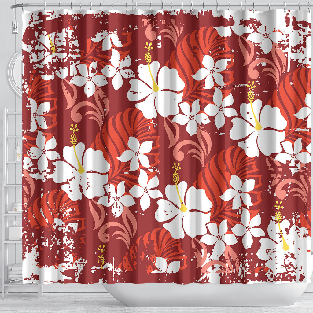Red Hawaiian Hibiscus Monstera Shower Curtain Grunge Stylized