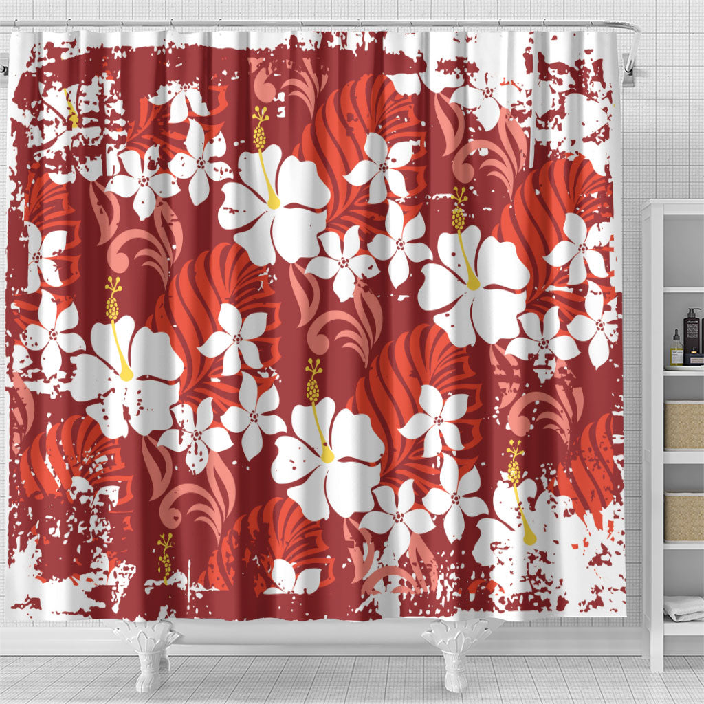 Red Hawaiian Hibiscus Monstera Shower Curtain Grunge Stylized