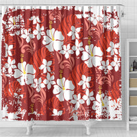 Red Hawaiian Hibiscus Monstera Shower Curtain Grunge Stylized