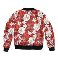 Red Hawaiian Hibiscus Monstera Sleeve Zip Bomber Jacket Grunge Stylized