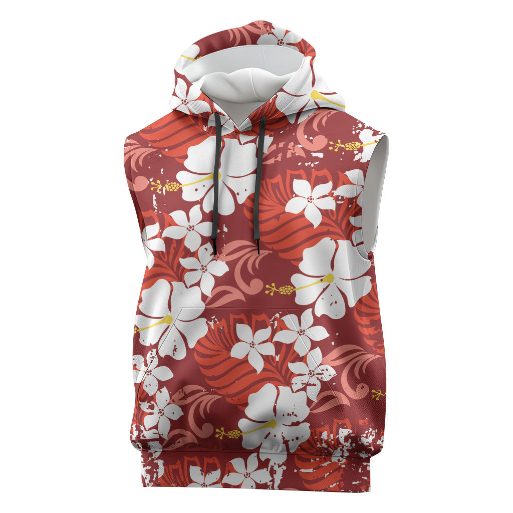Red Hawaiian Hibiscus Monstera Sleeveless Hoodie Grunge Stylized LT01 Red - Polynesian Pride