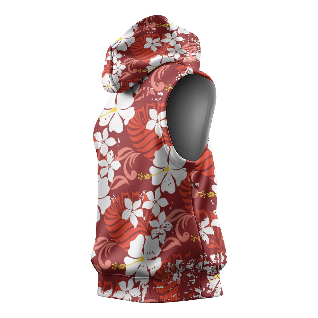 Red Hawaiian Hibiscus Monstera Sleeveless Hoodie Grunge Stylized LT01 - Polynesian Pride