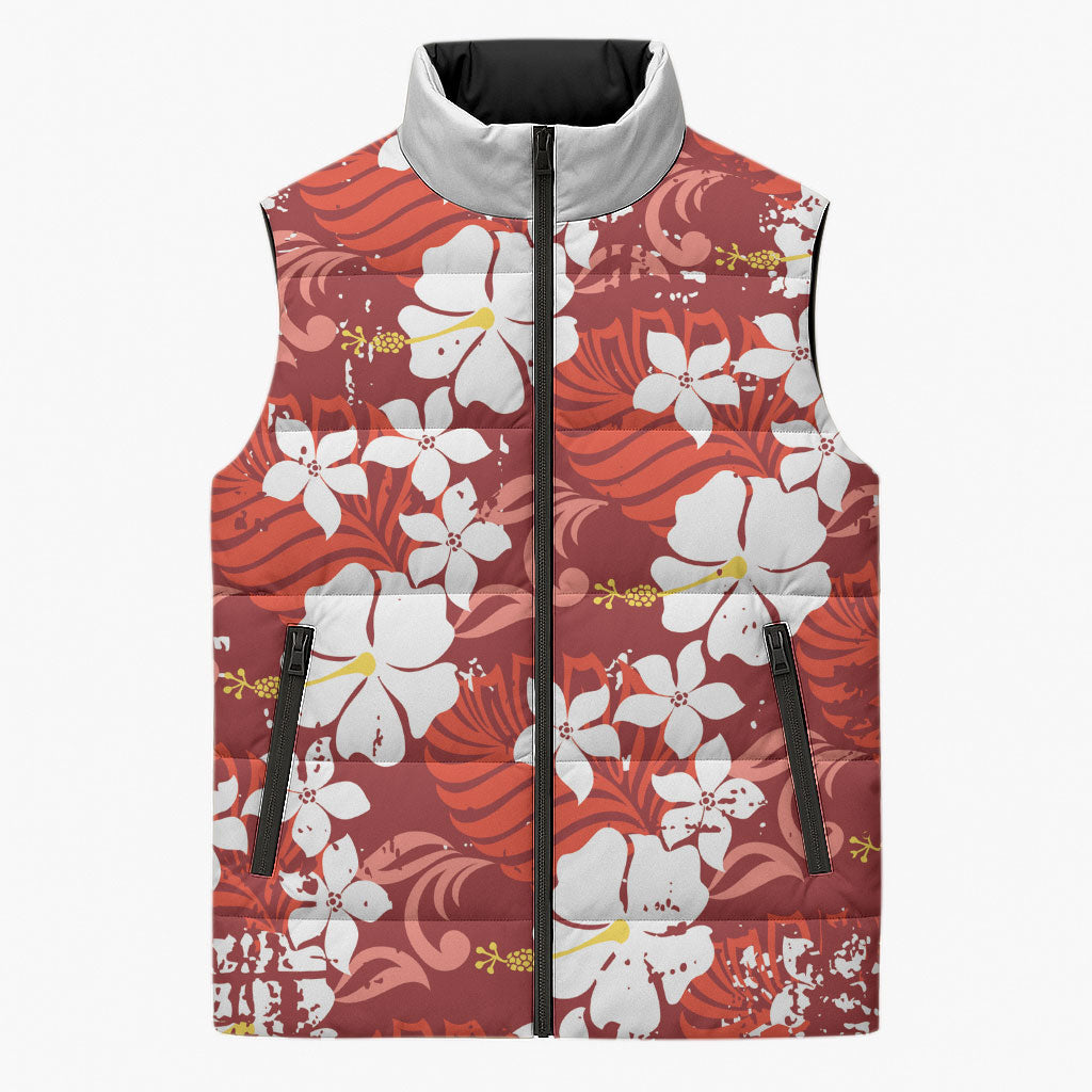 Red Hawaiian Hibiscus Monstera Sleeveless Puffer Jacket Grunge Stylized LT01 Unisex Red - Polynesian Pride