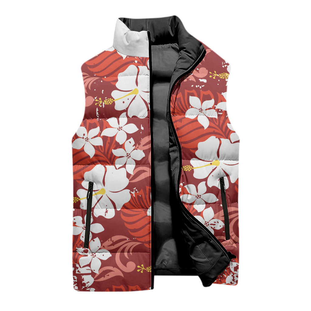Red Hawaiian Hibiscus Monstera Sleeveless Puffer Jacket Grunge Stylized