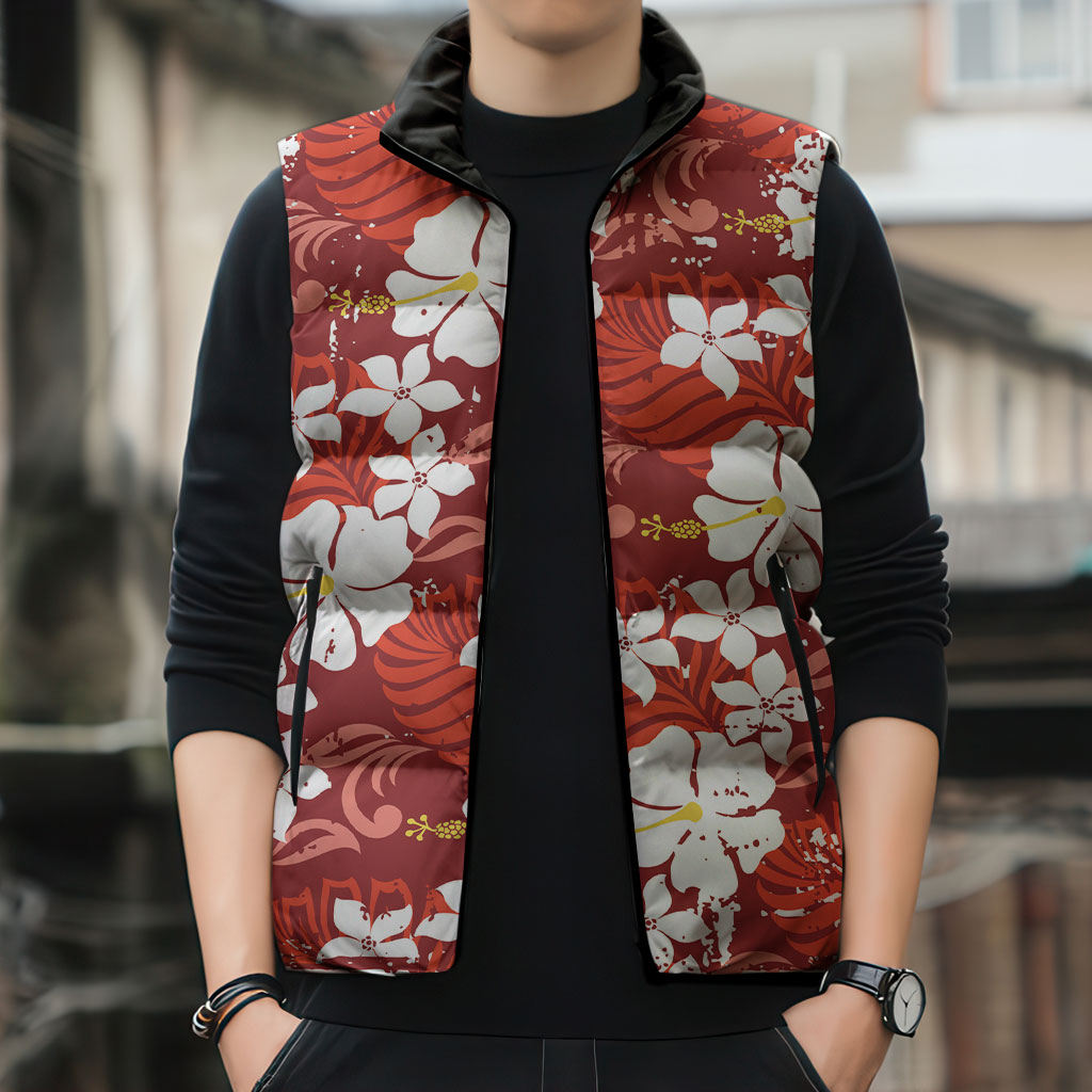 Red Hawaiian Hibiscus Monstera Sleeveless Puffer Jacket Grunge Stylized