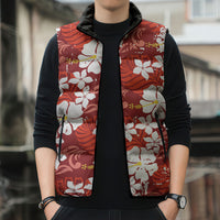 Red Hawaiian Hibiscus Monstera Sleeveless Puffer Jacket Grunge Stylized