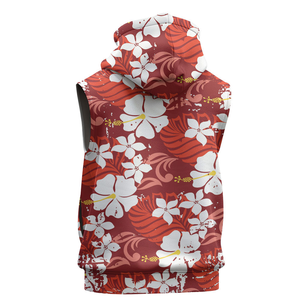 Red Hawaiian Hibiscus Monstera Sleeveless Zip Hoodie Grunge Stylized LT01 - Polynesian Pride