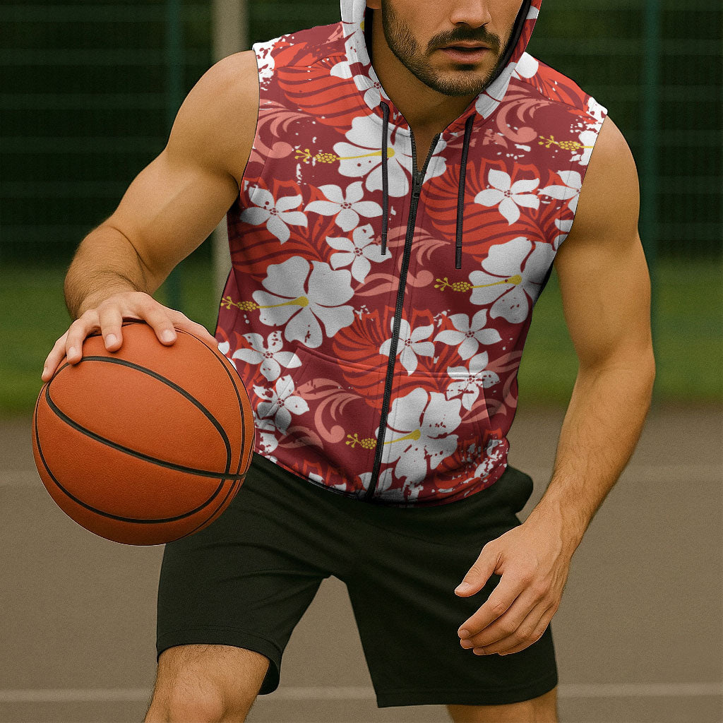 Red Hawaiian Hibiscus Monstera Sleeveless Zip Hoodie Grunge Stylized LT01 - Polynesian Pride