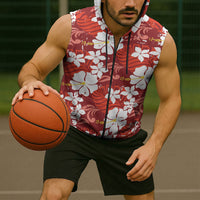 Red Hawaiian Hibiscus Monstera Sleeveless Zip Hoodie Grunge Stylized LT01 - Polynesian Pride